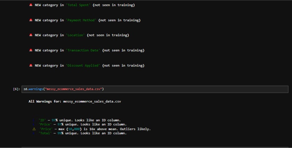 zd.compare() and zd.warnings() output showing new categories detected and all smart warnings