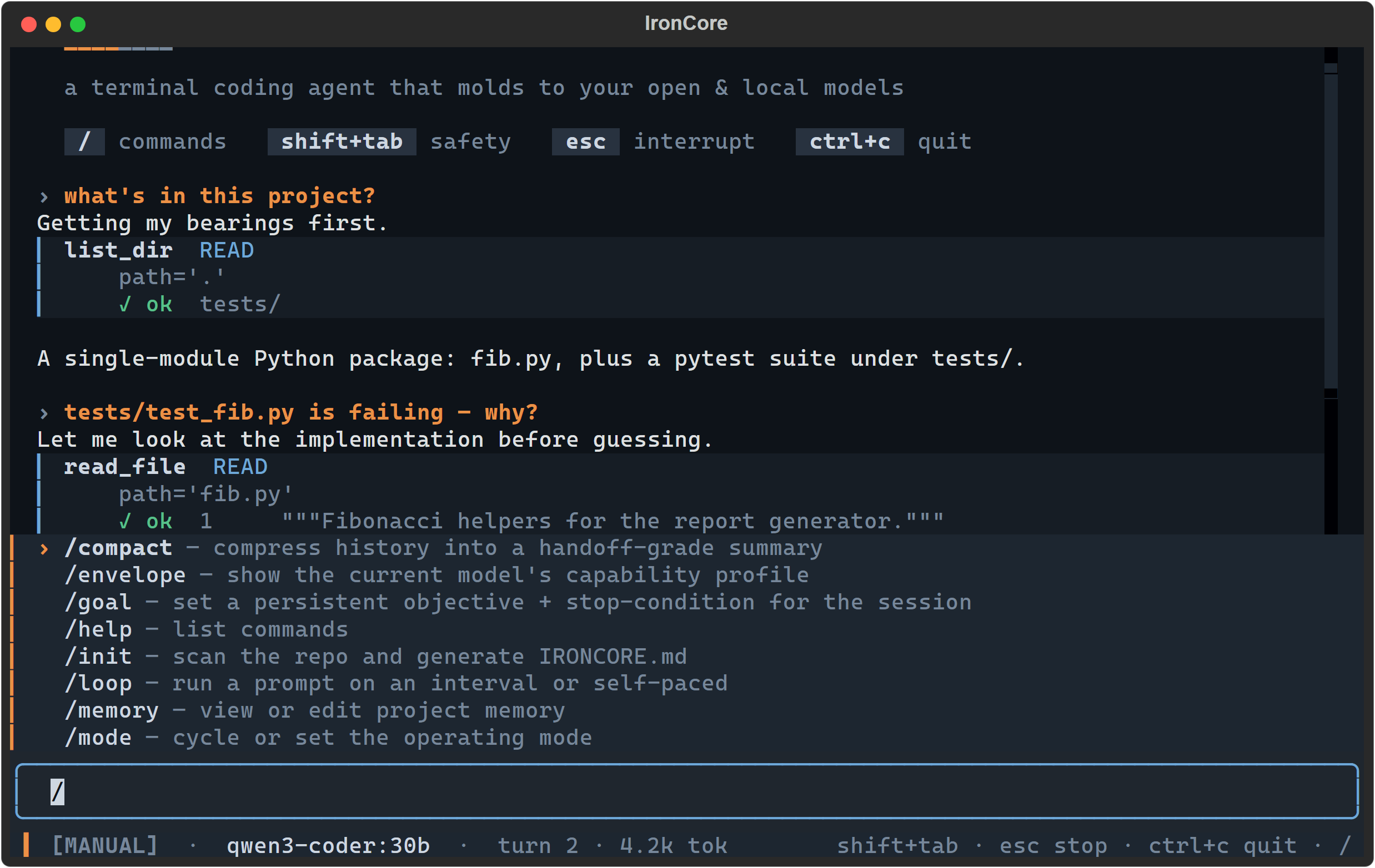 The slash-command palette open over a live session on an amber-ruled panel, listing the registered commands with a one-line summary each — the top match is marked with an amber › and its name is bold, the rest of the names lighter and every summary dimmed. Tab completes the top match.