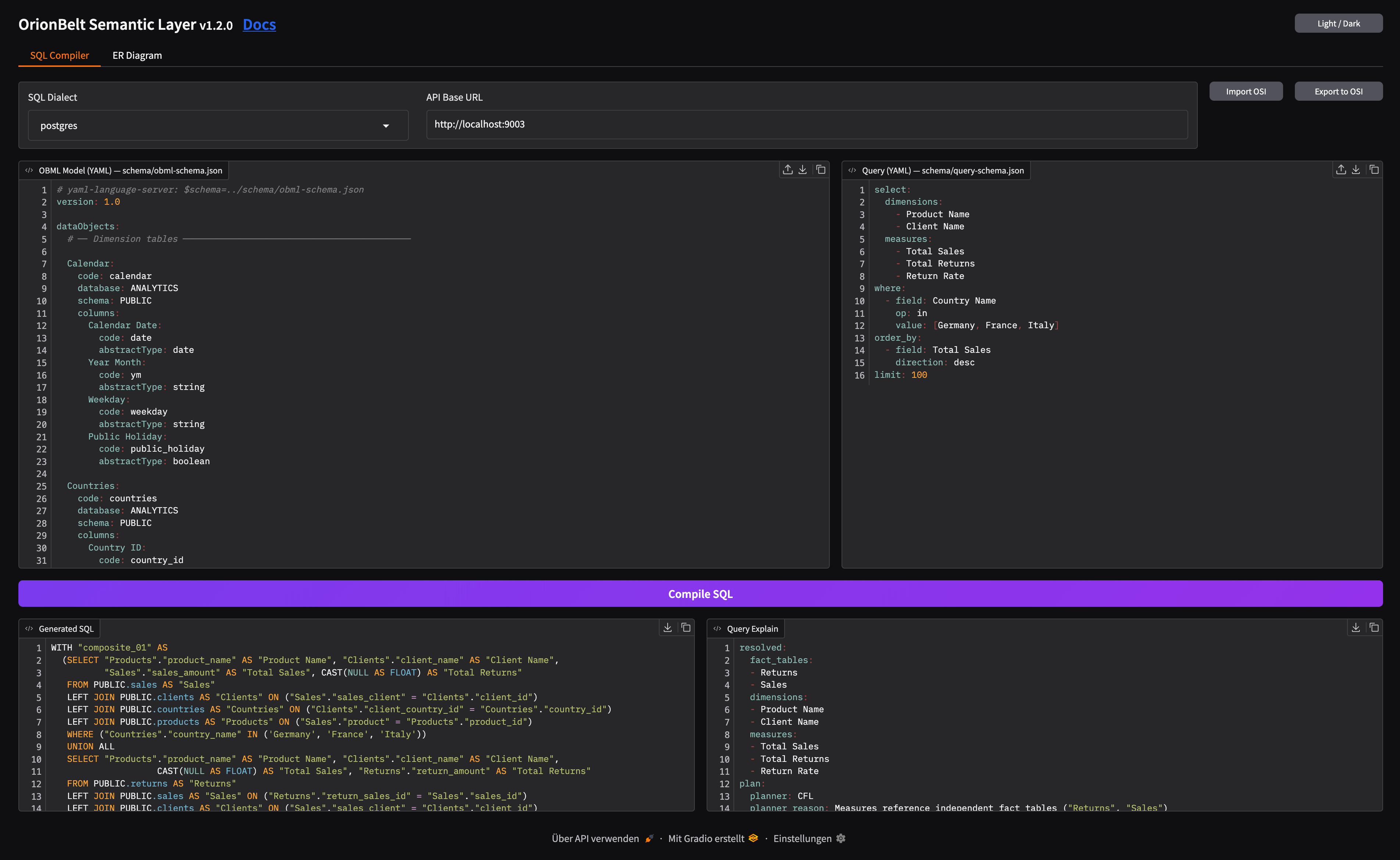 SQL Compiler in Gradio UI (dark mode)