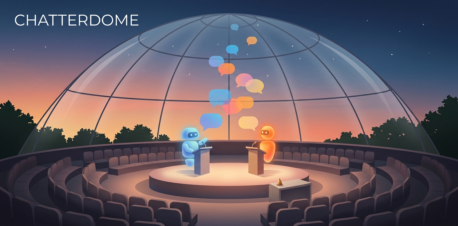 Chatterdome - two AI agents debating at lecterns in an arena under a glass dome at dusk, speech bubbles rising above them, a moderator desk with a bell at the edge of the stage
