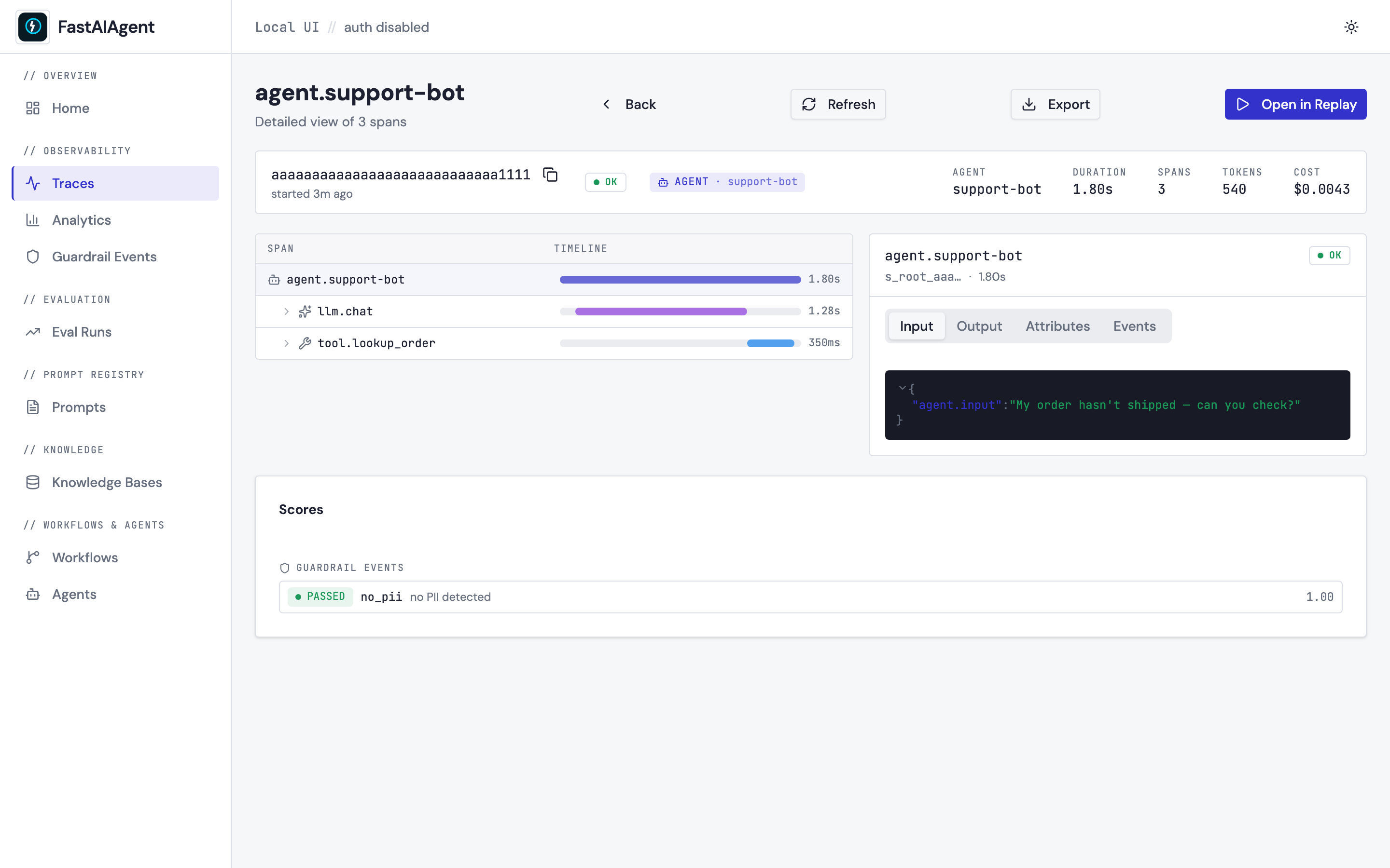 FastAIAgent Local UI — trace detail