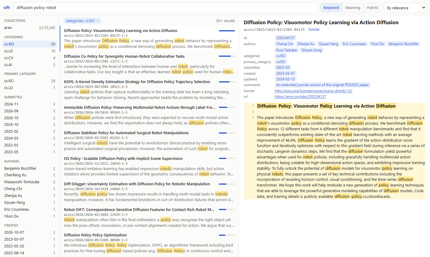 sift ui: a keyword search over 3.2 million arXiv abstracts, filtered by category, with one paper open