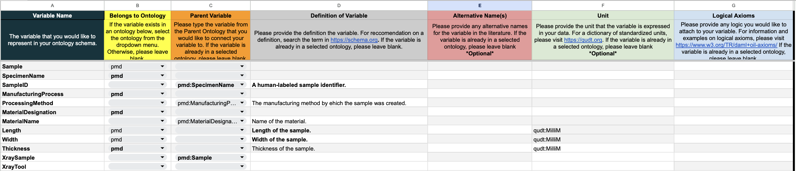Variable Definitions Sheet