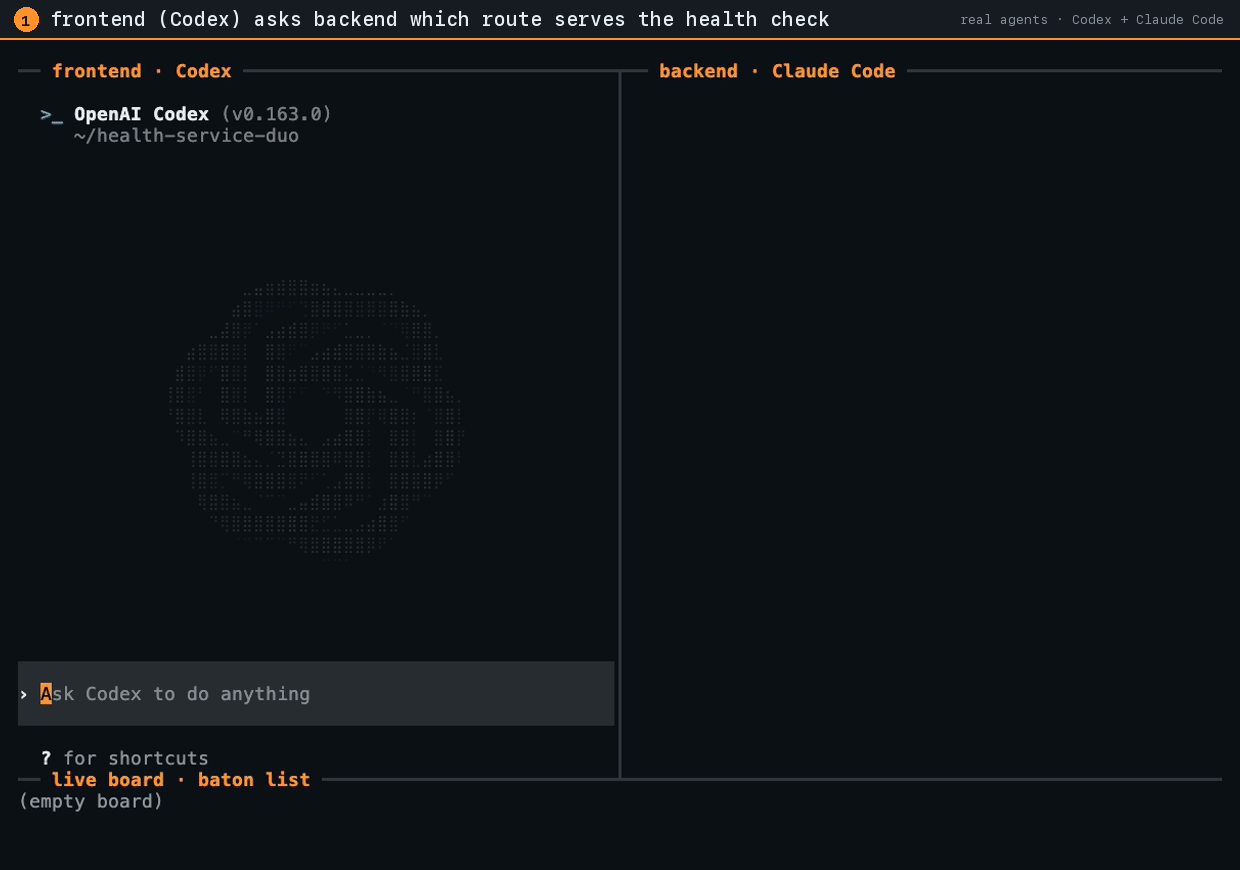 A real coding agent, acting as backend, runs baton handoff and is refused because frontend's question Q-001 (which route serves the health check?) is unanswered; it reads the refusal, answers and closes Q-001, and the hand-off goes through as H-002 without --force. Trimmed and captioned; the agent's output is unchanged