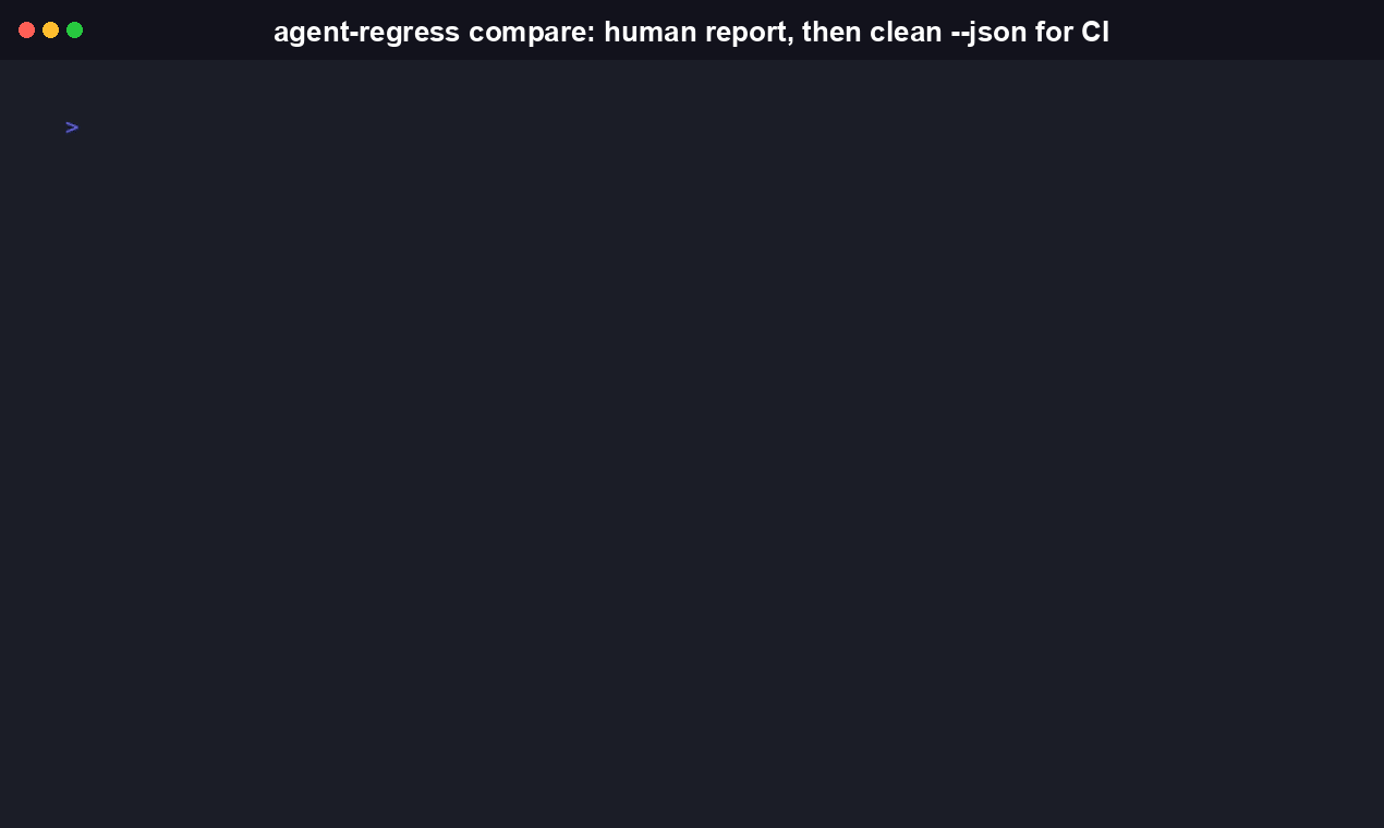 agent-regress compare run from the CLI end to end, from install through a REGRESSED verdict