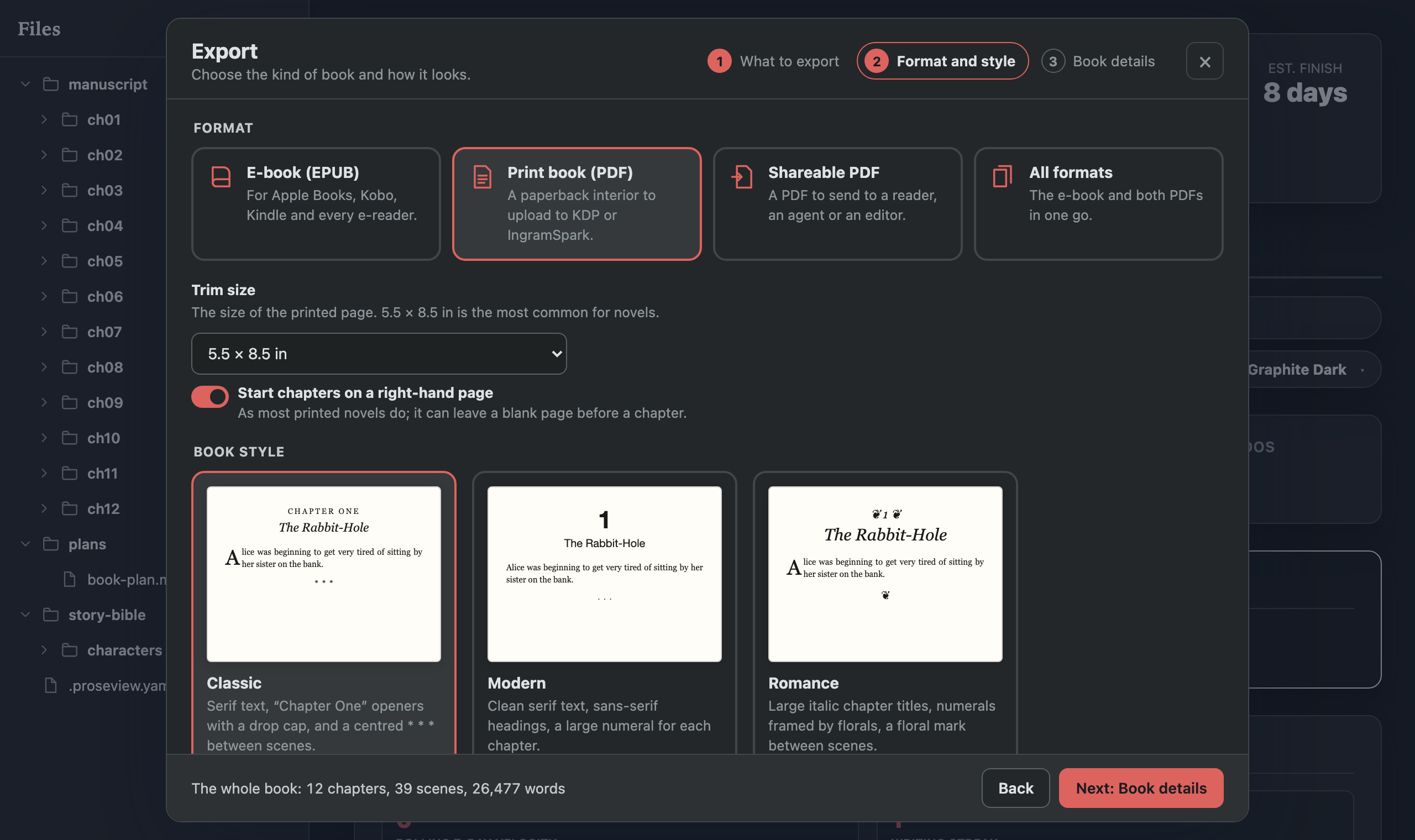 The Export dialog's second step: format cards for E-book, Print book, Shareable PDF and All formats, the print book's trim size and right-hand chapter option, and thumbnails of the Classic, Modern and Romance styles