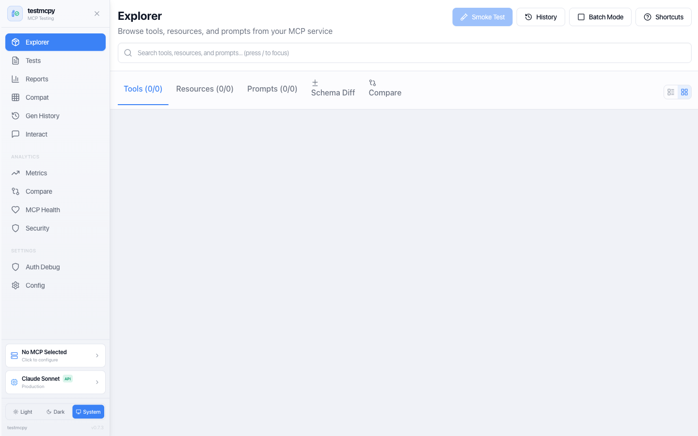MCP Explorer — tools, resources, and prompts from a connected MCP service