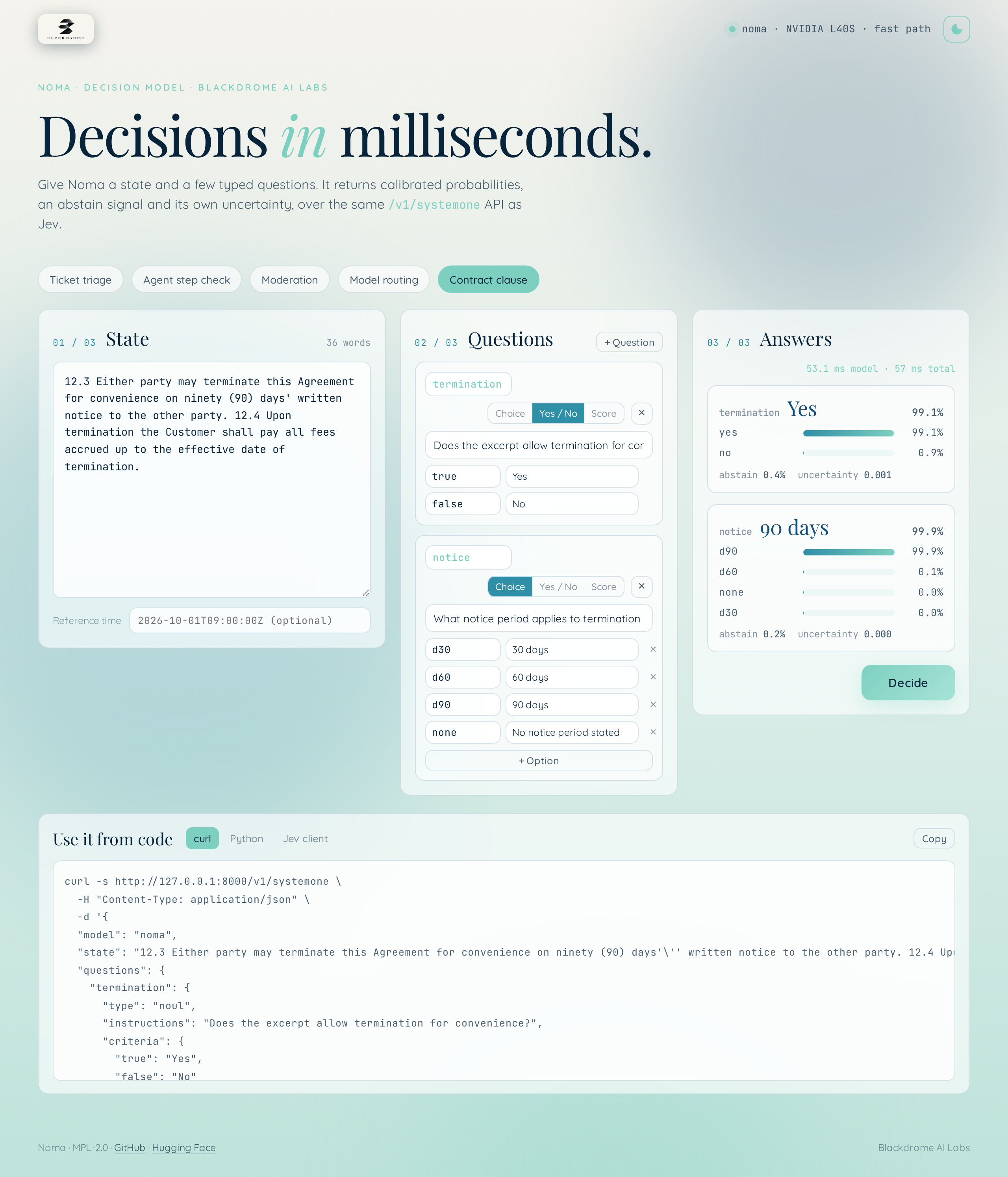 Playground, light theme: a contract clause with two questions answered