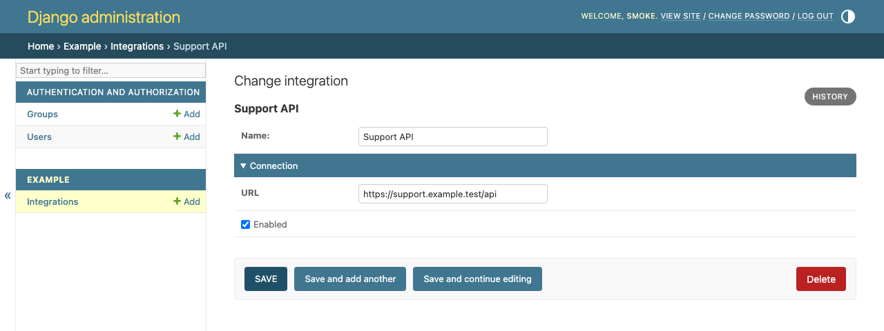 An integration configuration rendered by Jedminson in Django admin