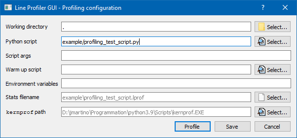 Screenshot of Line Profier GUI profiling configuration window
