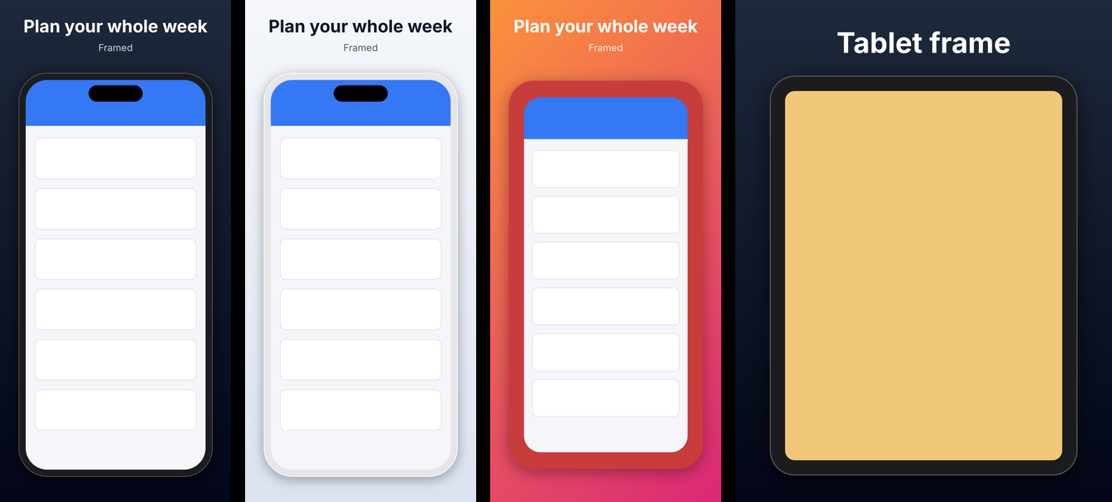 Built-in phone frames, a custom PNG frame, and the tablet frame