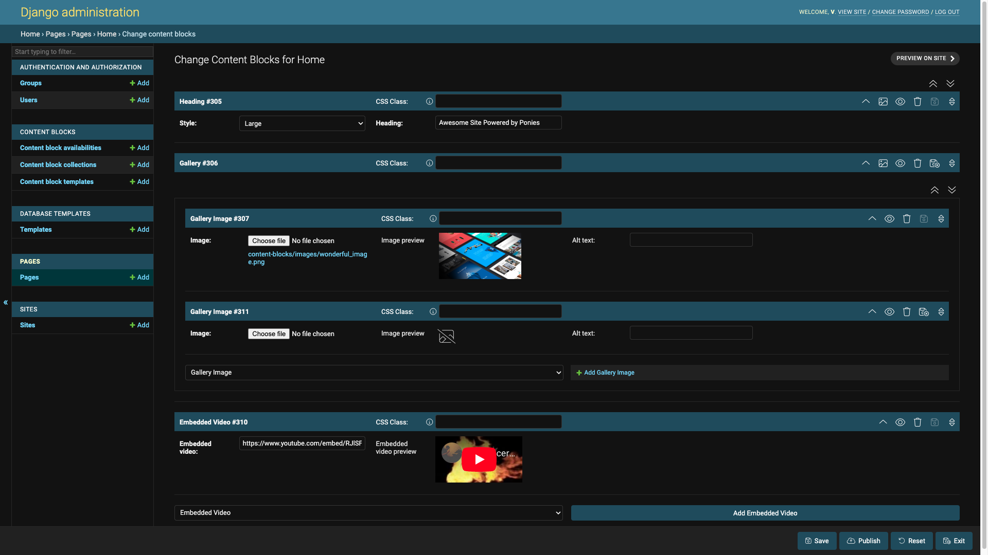 The content block editor in the Django admin site.