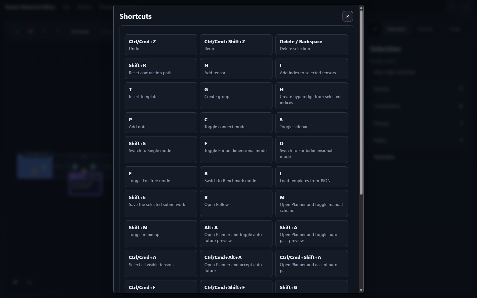 Editor shortcuts dialog screenshot
