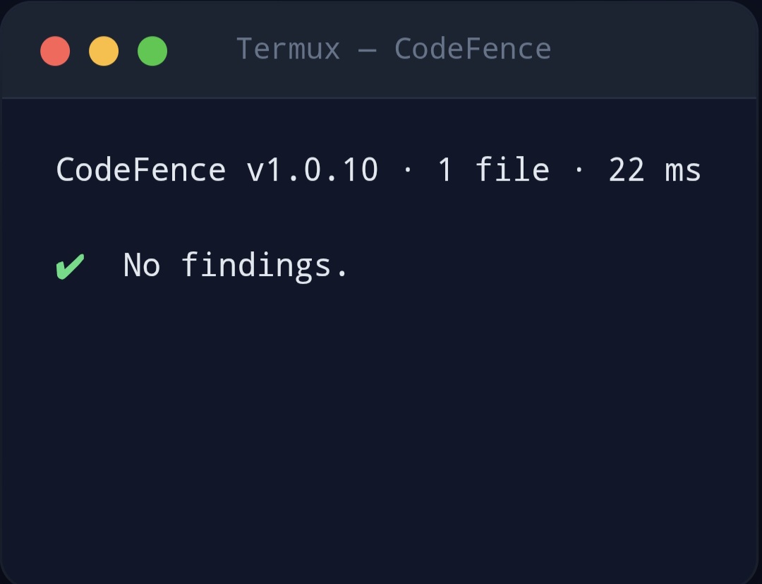 CodeFence clean scan: no findings, a green checkmark, and a single line confirming the file passed