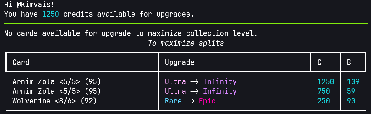 Screenshot of output of snap-tracker upgrades