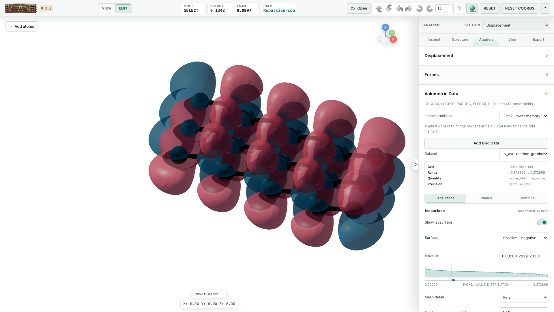 Smooth signed benzene pi-field isosurfaces with live opacity control