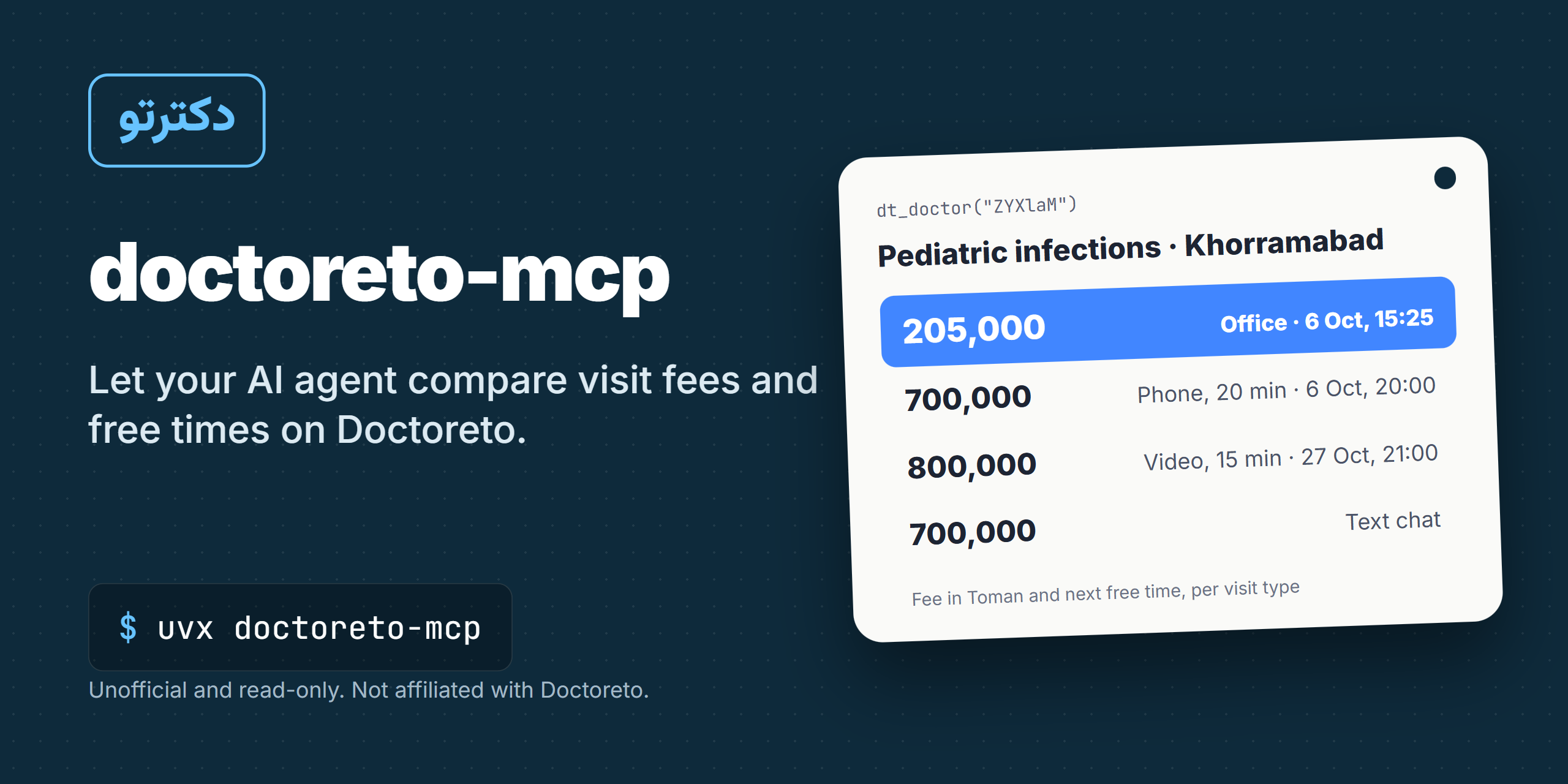 doctoreto-mcp: let your AI agent compare visit fees and free times on Doctoreto
