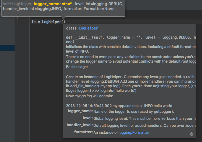 Screenshot of PyCharm code completion and docs