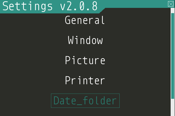 Pibooth settings menu showing Date_folder entry
