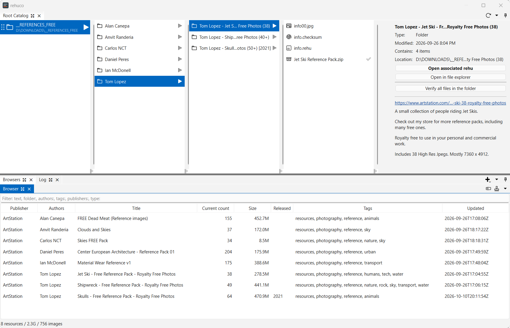The Root Catalog panel's column view of a root's folders with a details pane for the selected item, above a Browsers panel listing the catalog's records in a filterable table