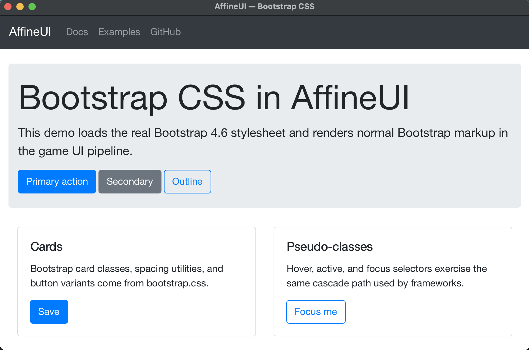 AffineUI rendering a Bootstrap dashboard