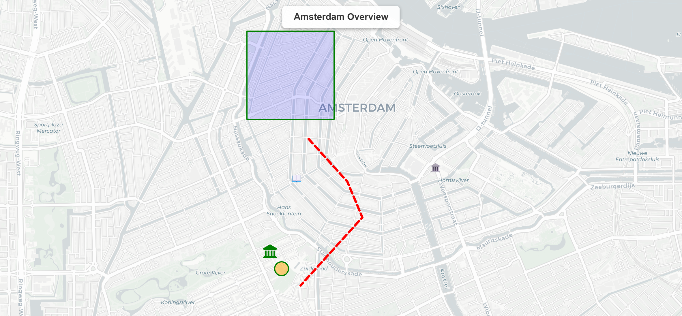 A mapyta map of Amsterdam with markers, areas, and a walking route