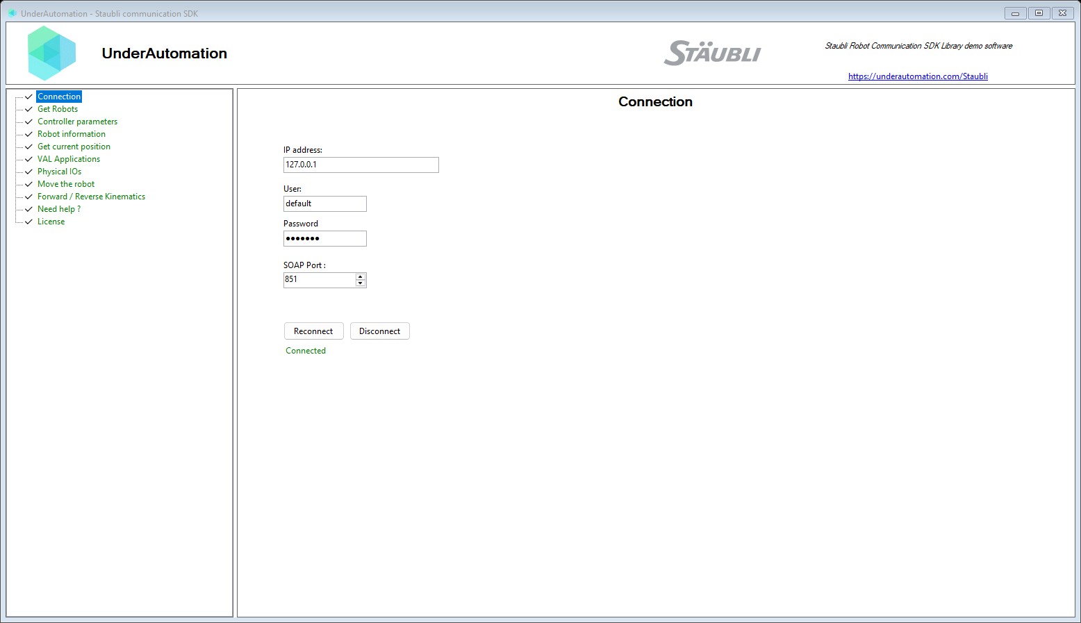 UnderAutomation Staubli communication SDK