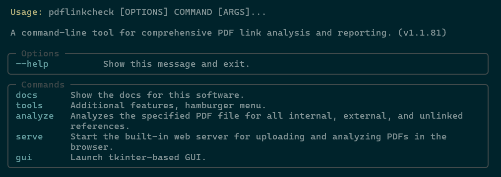 Screenshot of the pdflinkcheck CLI Tree Help
