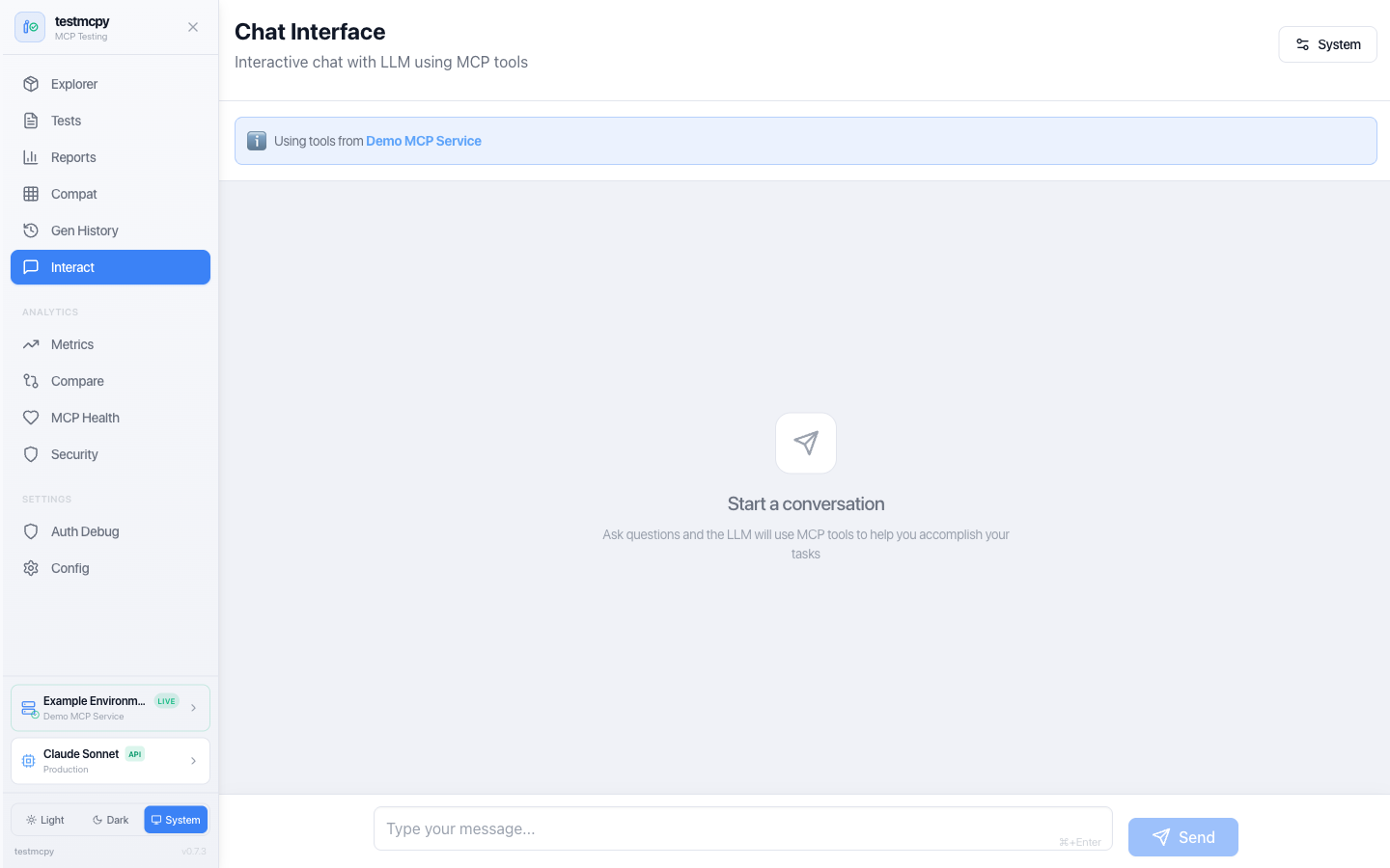 Chat Interface — interactive chat against your MCP service from the browser