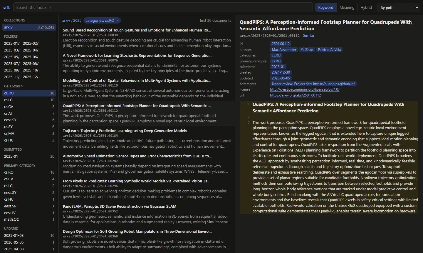 sift ui in dark mode: the 2025 folder of an arXiv collection, filtered by category, with its subfolders and the categories and dates of its papers to drill into