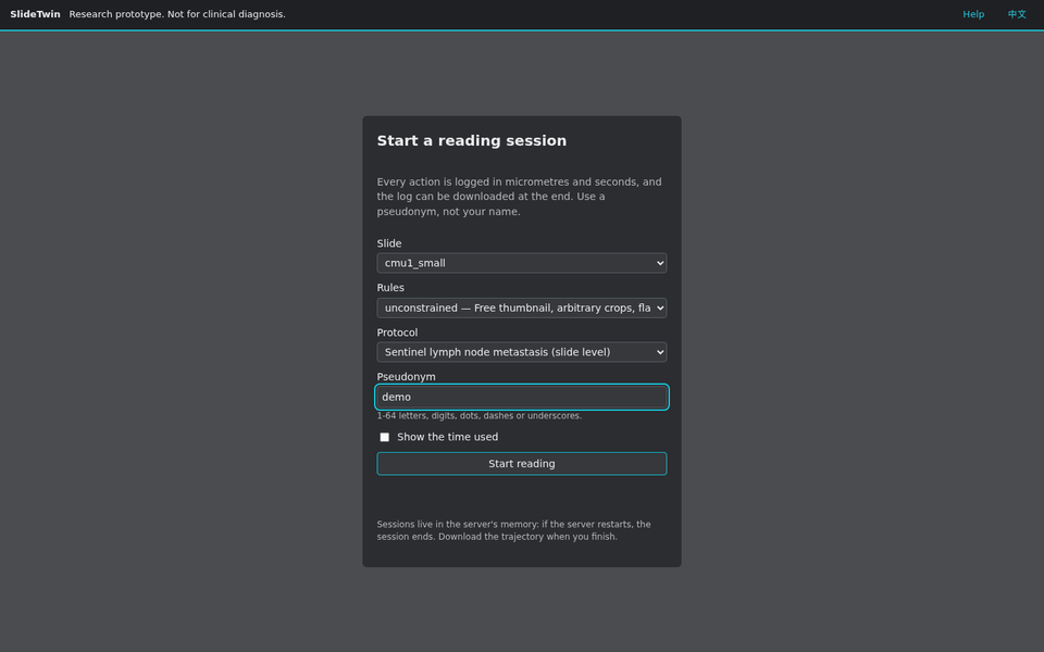 A reading of the CC0 test slide in the web UI: overview, magnification keys, a measurement, a polygon and the report receipt