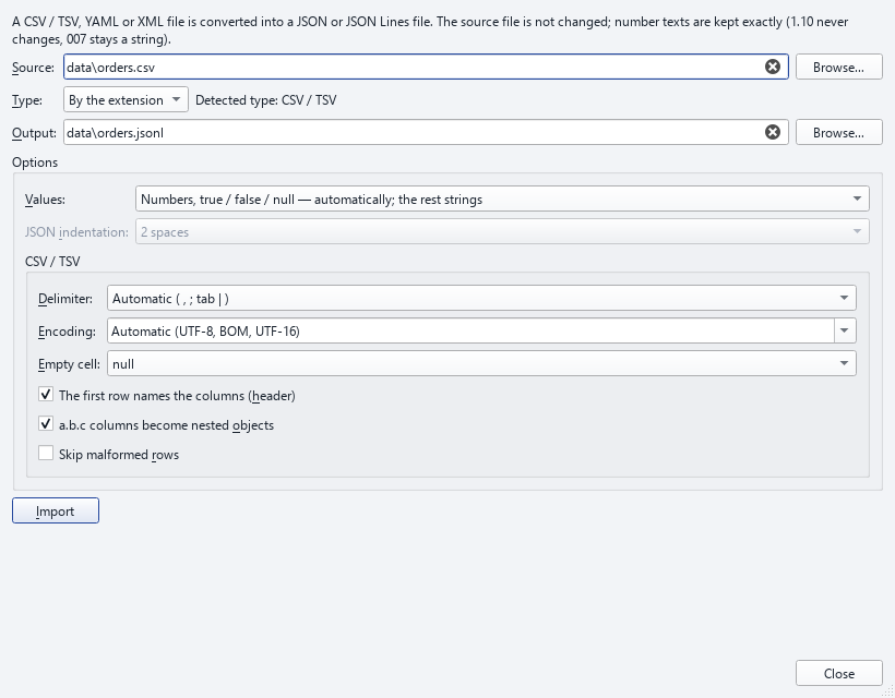 File > Import with a CSV chosen: the detected type, the values, delimiter, encoding and empty-cell options, the JSON Lines target next to the source