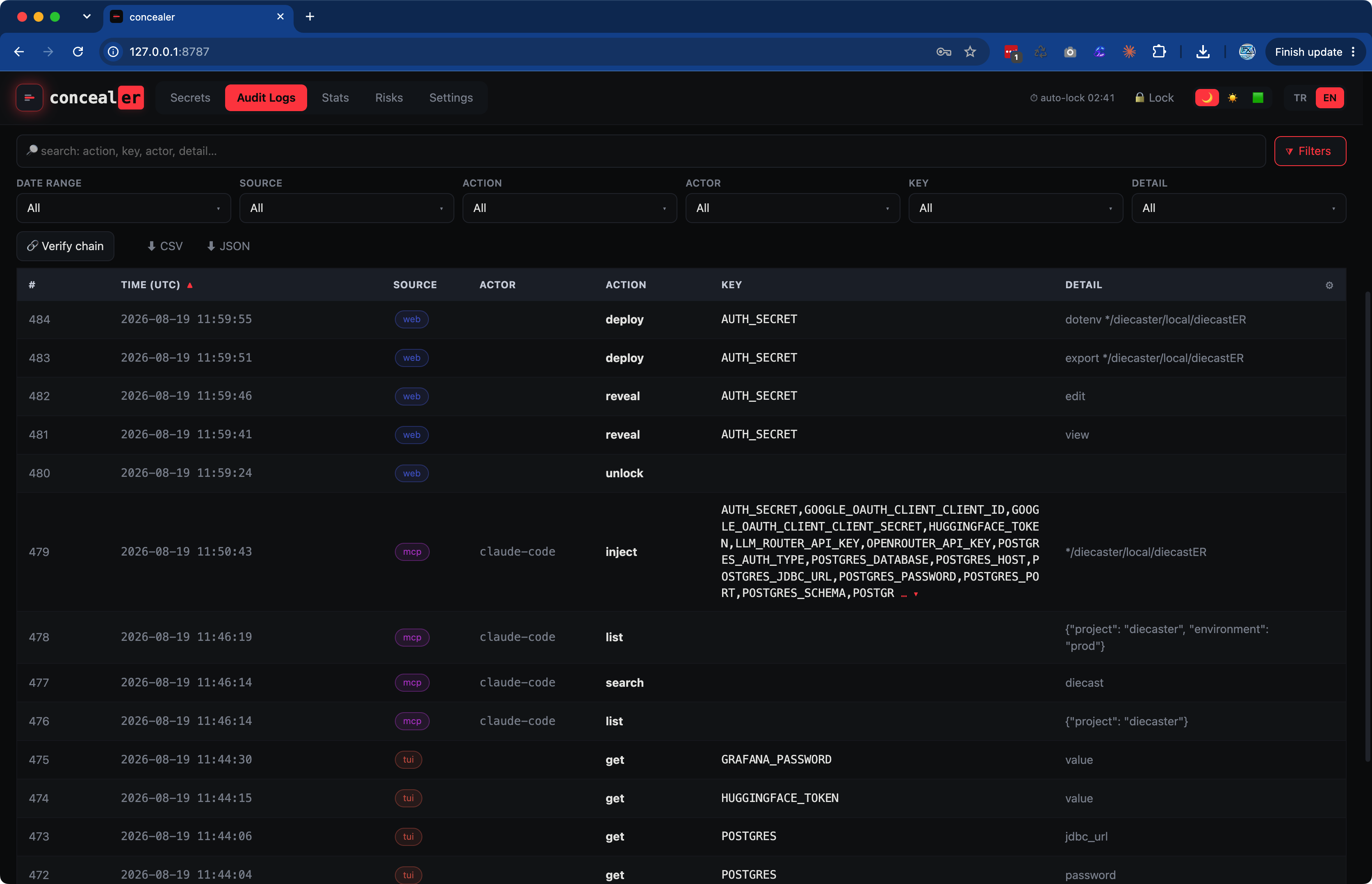 Tamper-evident audit log with chain verification