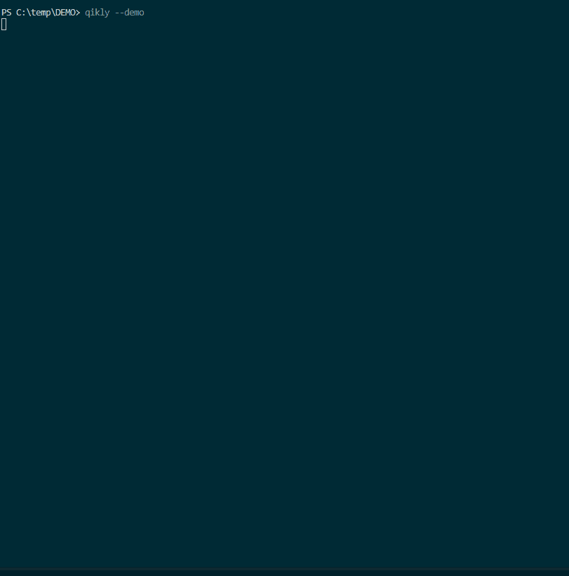 One qikly --demo run, unedited: criteria withheld, tests generated, a test failing, a patch, green.