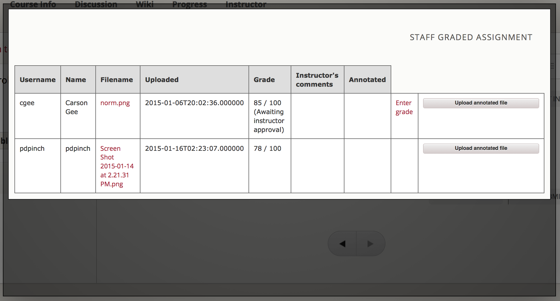Detail of Staff Member view of grading grid after a submission has been graded and it is awaiting approval.