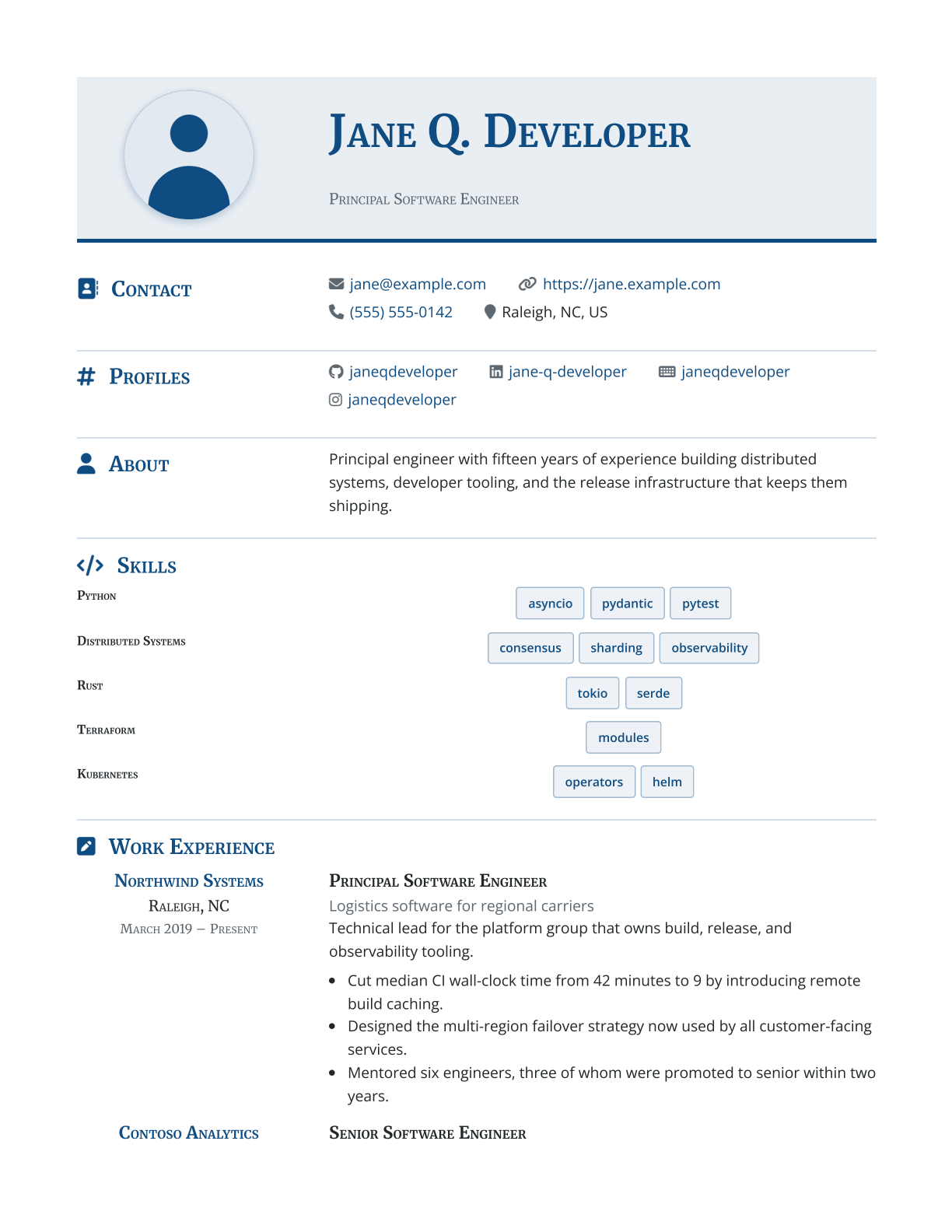 Sample resume generated from resume.json and standard.less