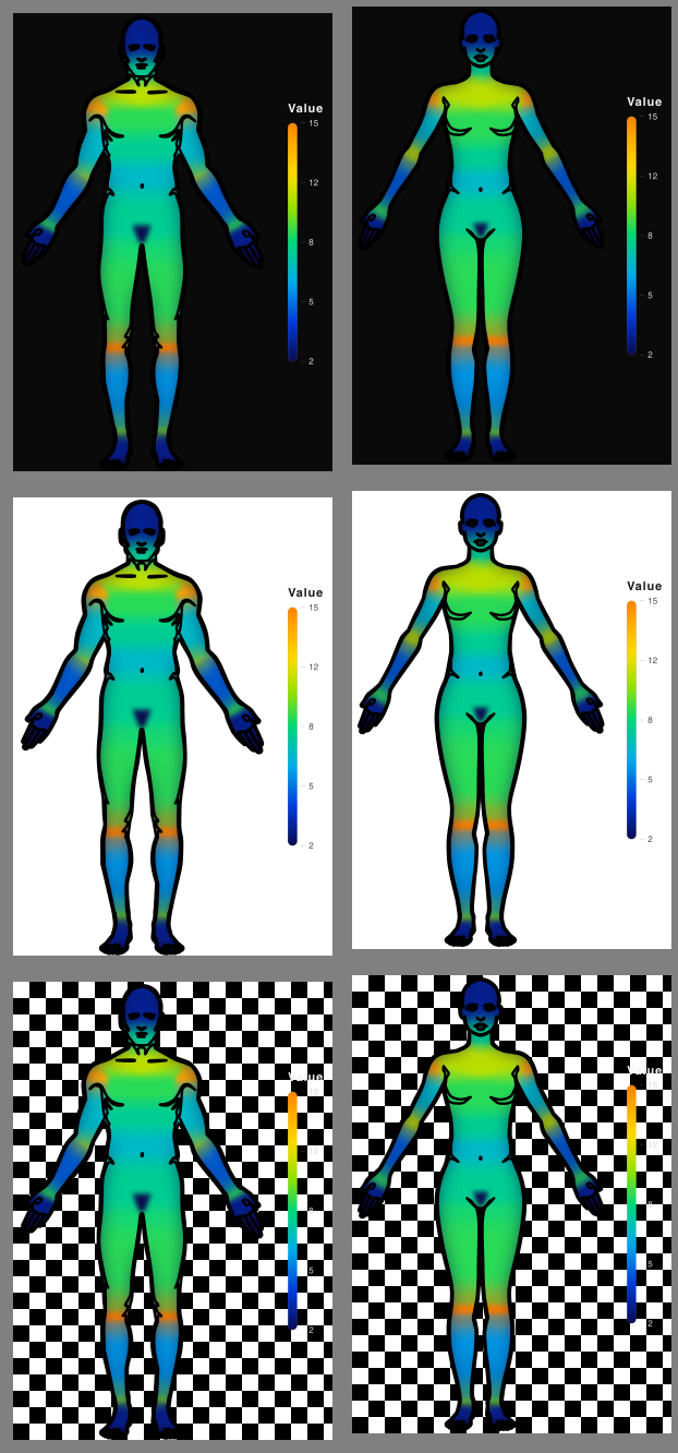 Same map over dark, light and transparent backgrounds, male and female