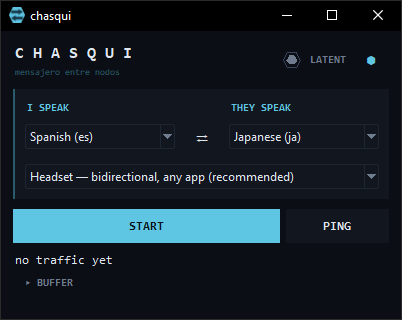 The chasqui window: two language pickers, a mode, and Start