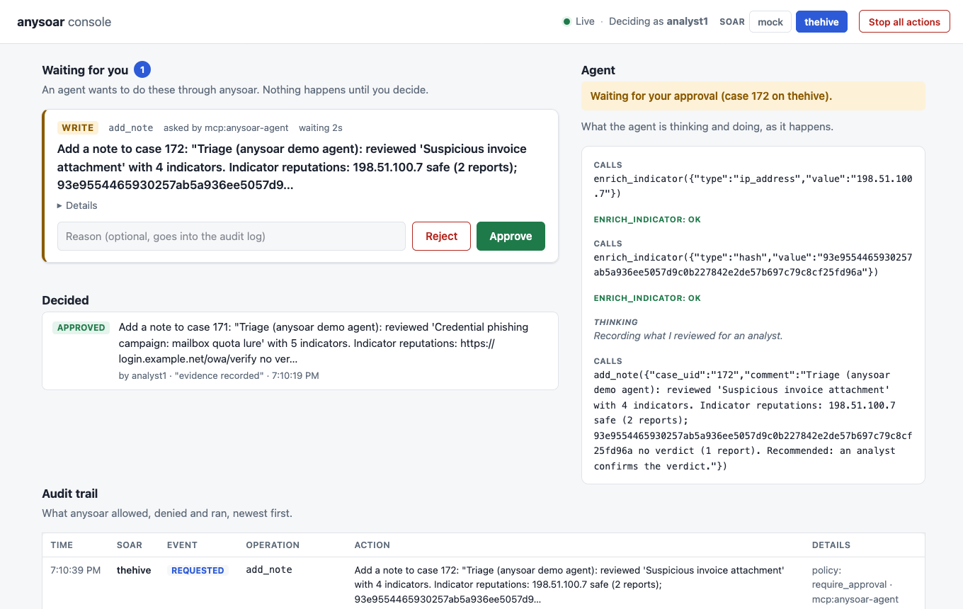 The anysoar console: an agent's action waiting for approval, and its reasoning as it works
