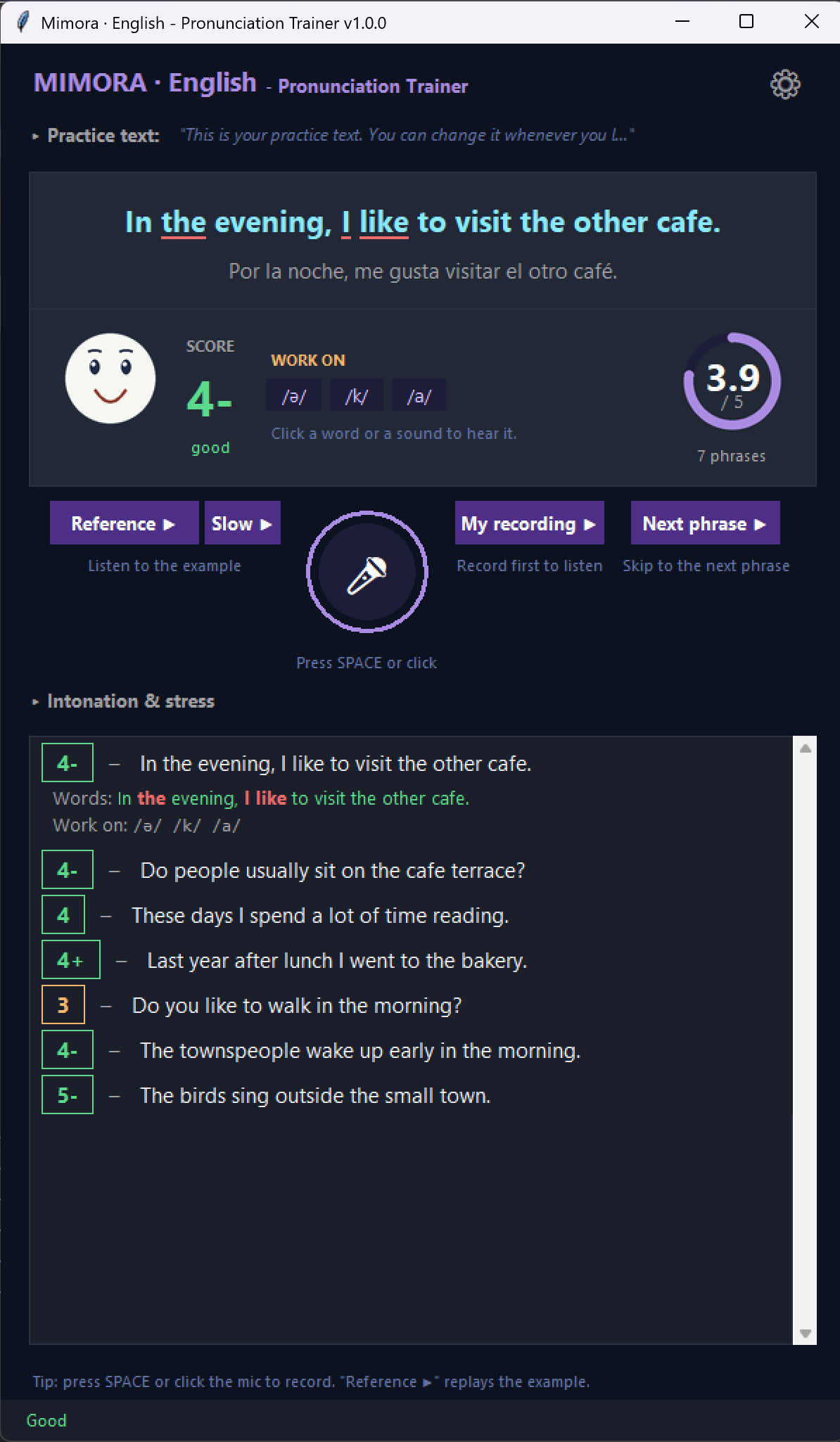 Mimora pronunciation trainer, dark theme
