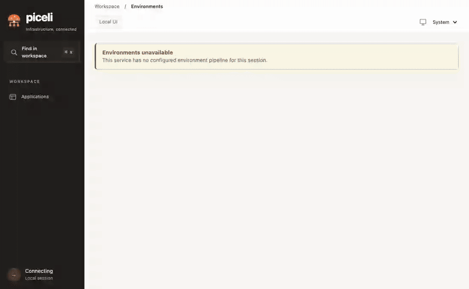 The Piceli web UI listing per-branch environments with their namespace, commit and health