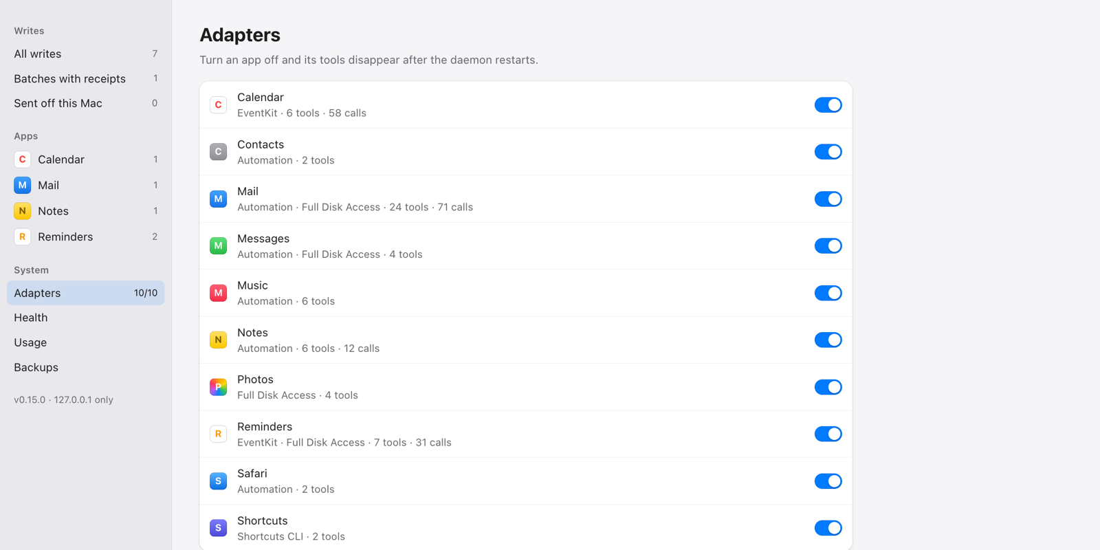 The adapter switches: each app with its permission, its tool count and how often it was called