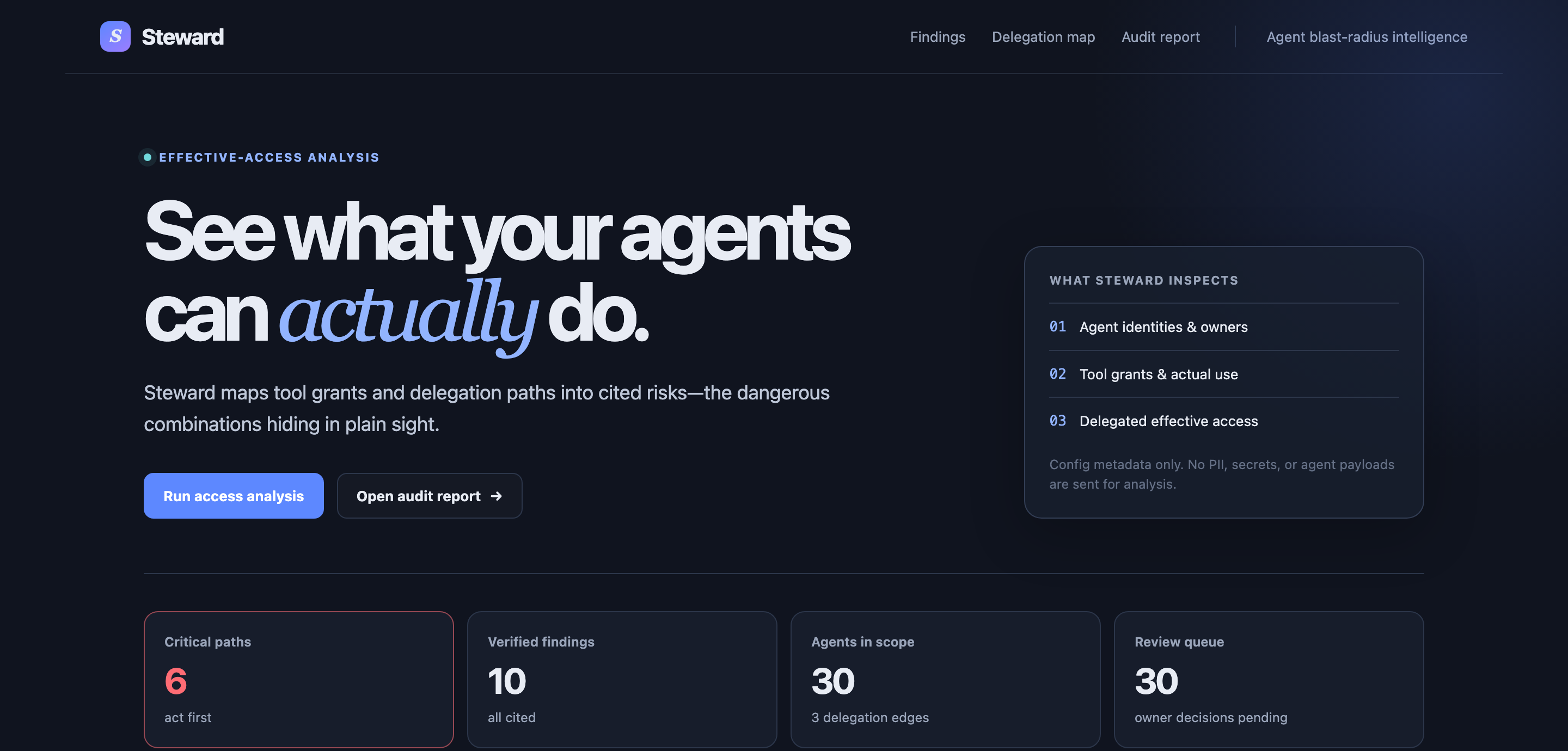Steward dashboard — a 30-agent fleet with 10 cited findings across two trust tiers