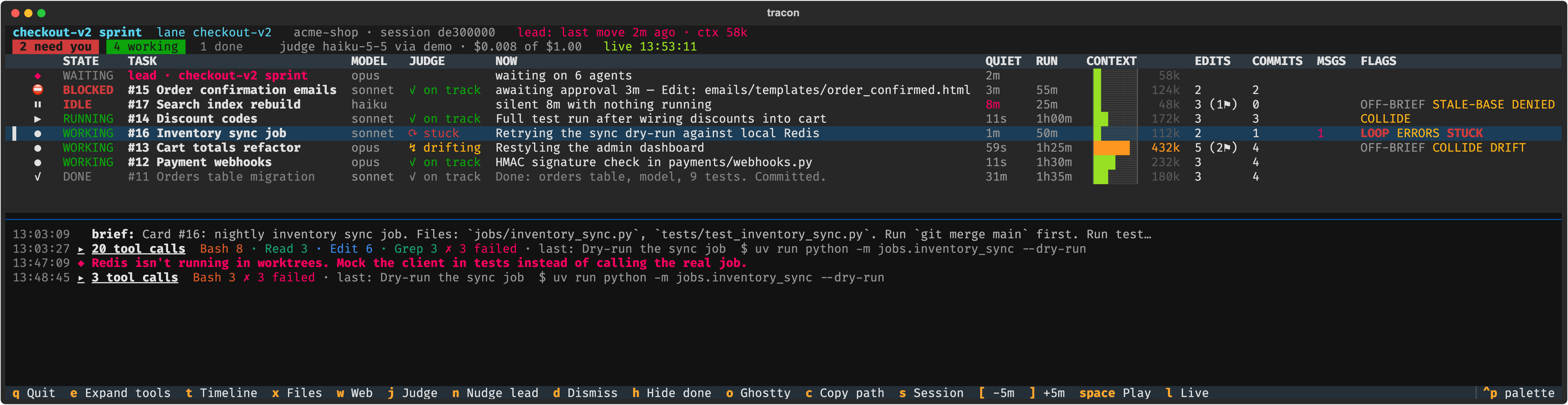 tracon's terminal view: a table of agents with states BLOCKED, IDLE, RUNNING and WORKING, judge verdicts on track, drifting and stuck, and flags such as LOOP, COLLIDE and STALE-BASE; below it, the selected agent's feed of repeated connection-refused errors