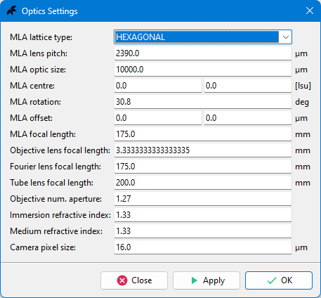 Optics Settings Dialog