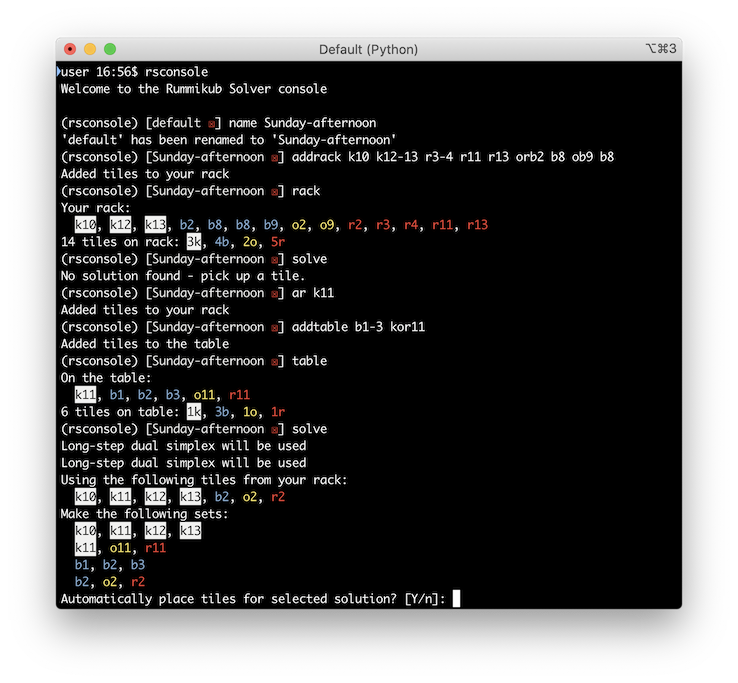 screenshot of a macOS terminal window with a Rummikub Console session in progress