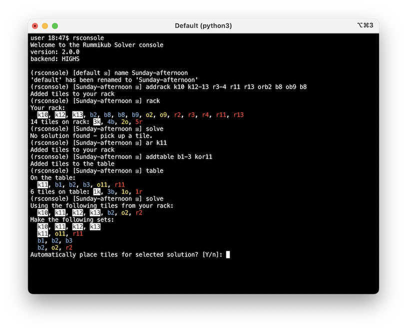 screenshot of a macOS terminal window with a Rummikub Console session in progress