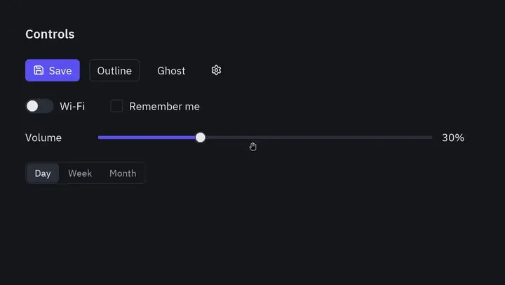 Buttons, a switch, a slider and tabs reacting to the pointer