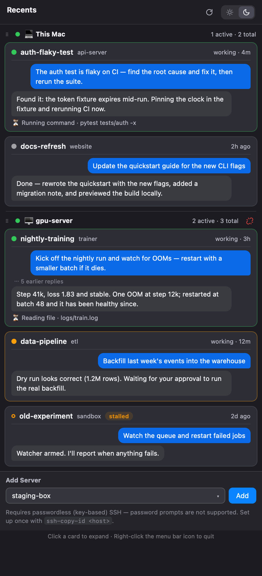 claude-recents panel (dark mode)