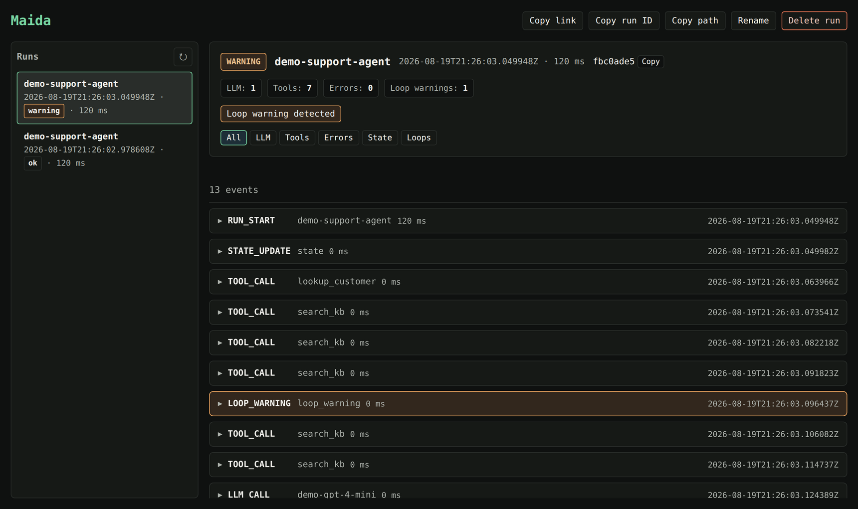 The Maida timeline viewer showing a demo support agent run flagged with a loop warning: seven tool calls where the baseline had three, with search_kb repeated five times